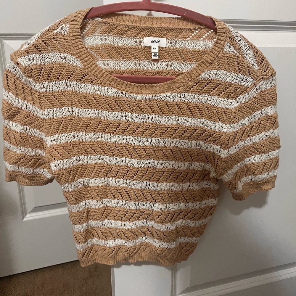 Aerie Openwork Stripe Knit Top in Tan & White